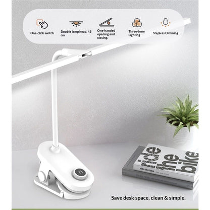 Dual Head LED Desk Lamp with Clamp, Eye-Caring Clip on Lights for Home Office, 4000mAh Rechargeable Battery Operated Table Lamps,3 Lighting Modes & Brightness Dimmer Light for Kids Students