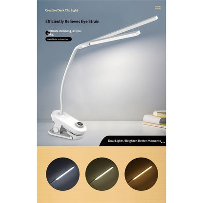 Dual Head LED Desk Lamp with Clamp, Eye-Caring Clip on Lights for Home Office, 4000mAh Rechargeable Battery Operated Table Lamps,3 Lighting Modes & Brightness Dimmer Light for Kids Students