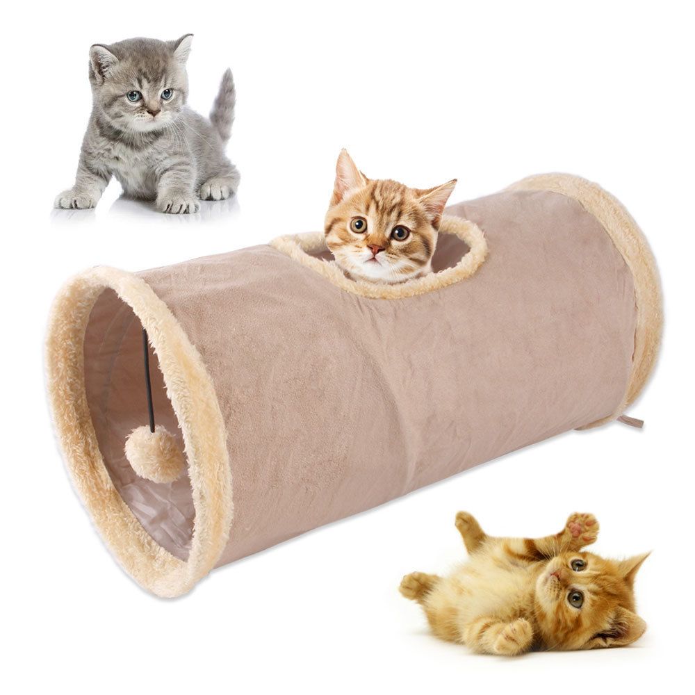 Collapsible Cat Tunnel Pet Play Tube Crinkle Tunnel with Cat Toys，Ball for Small to Medium Cats, Kittens, Rabbits, Ferrets（khaki）