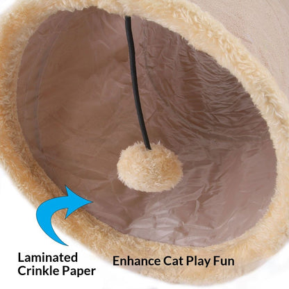 Collapsible Cat Tunnel Pet Play Tube Crinkle Tunnel with Cat Toys，Ball for Small to Medium Cats, Kittens, Rabbits, Ferrets（khaki）