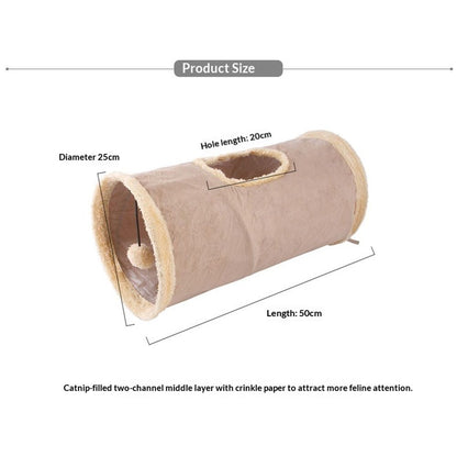 Collapsible Cat Tunnel Pet Play Tube Crinkle Tunnel with Cat Toys，Ball for Small to Medium Cats, Kittens, Rabbits, Ferrets（khaki）