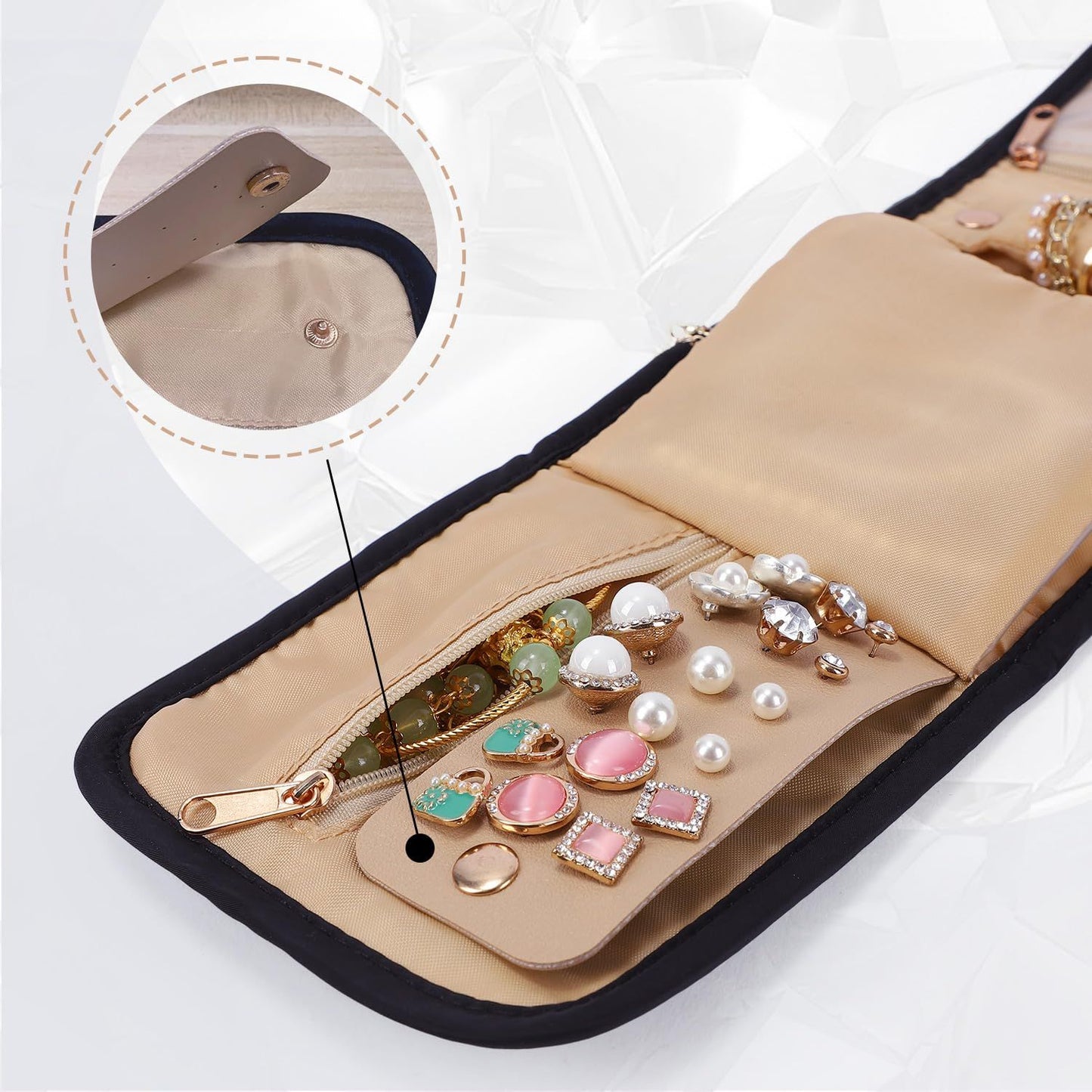 Travel Jewelry Organizer Case Foldable Jewelry Roll for Journey Rings, Necklaces, Earrings, Bracelets, Mini, (Black Large )Storage bag only