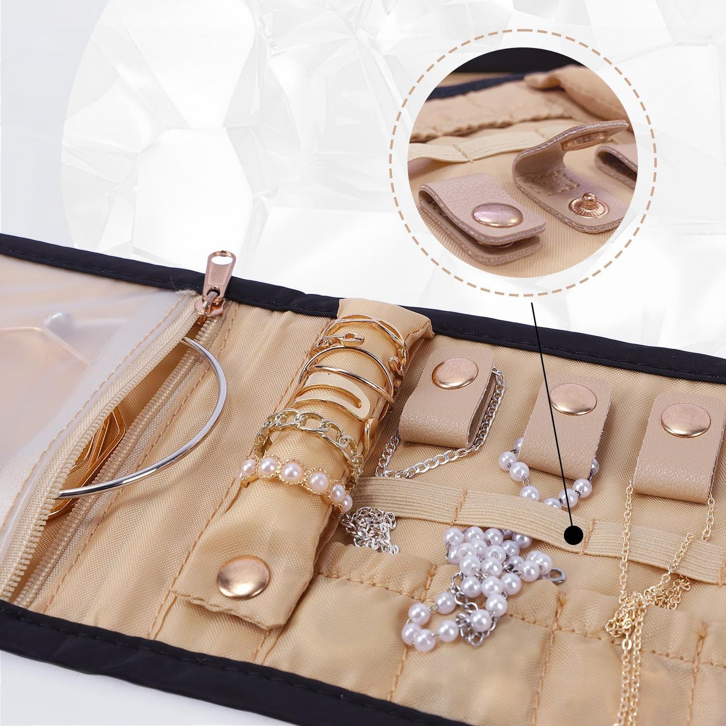 Travel Jewelry Organizer Case Foldable Jewelry Roll for Journey Rings, Necklaces, Earrings, Bracelets, Mini, (Black Large )Storage bag only