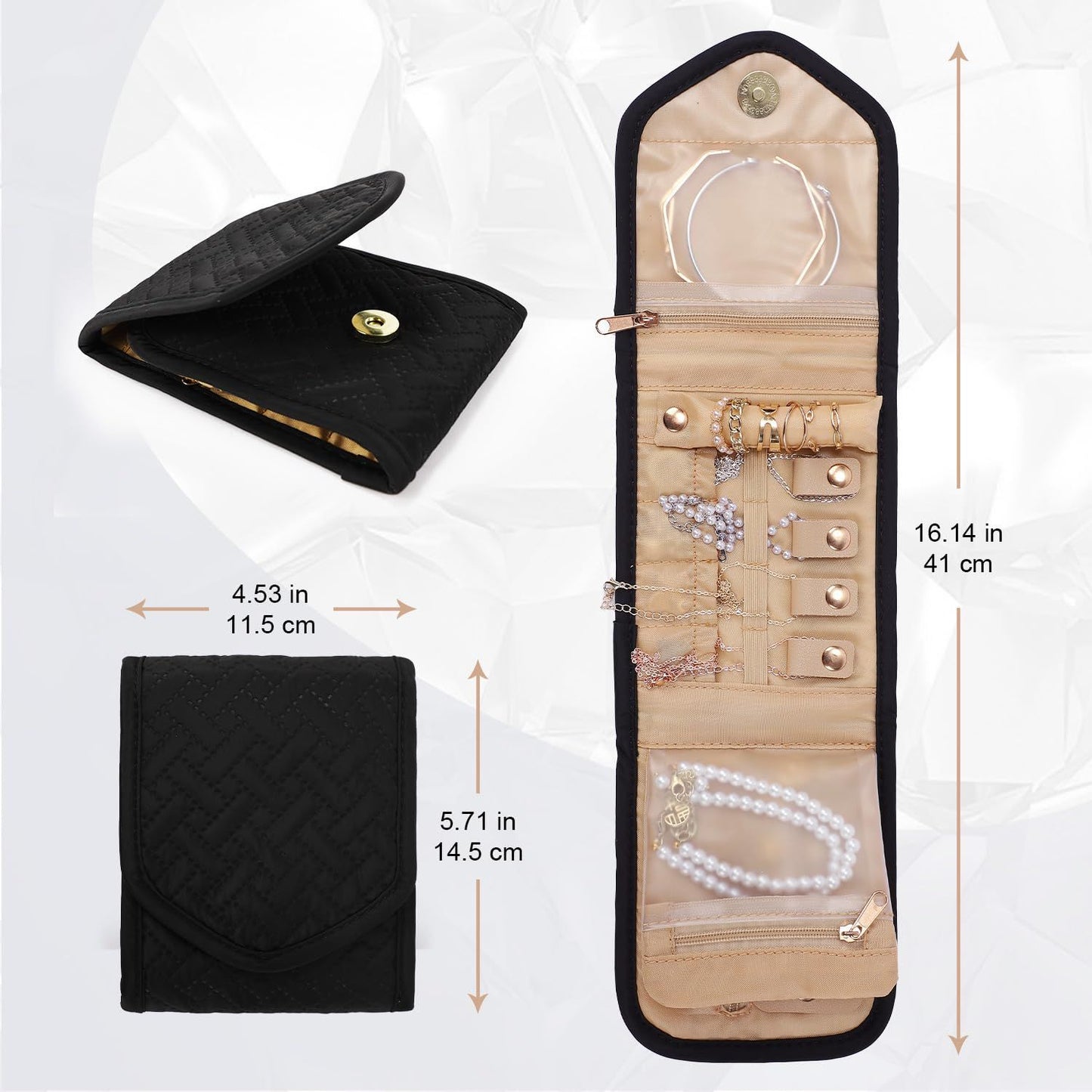 Travel Jewelry Organizer Case Foldable Jewelry Roll for Journey Rings, Necklaces, Earrings, Bracelets, Mini, (Black Large )Storage bag only