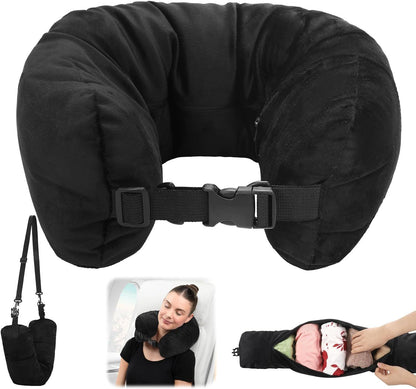 Stuffable Neck Pillow Travel Storage Bag for Airplanes with Clothes,Fits 3+ Days of Travel Essentials, No Filler (Black)