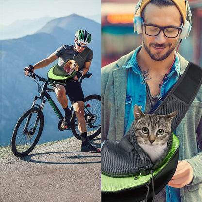 Pet Sling Carrier for Small Dogs & Cats – Hands-Free Puppy Carrier with Safety Hook, Large Zipper Pocket, Soft Breathable Mesh, Adjustable Strap & Reflective Strip (green small size)