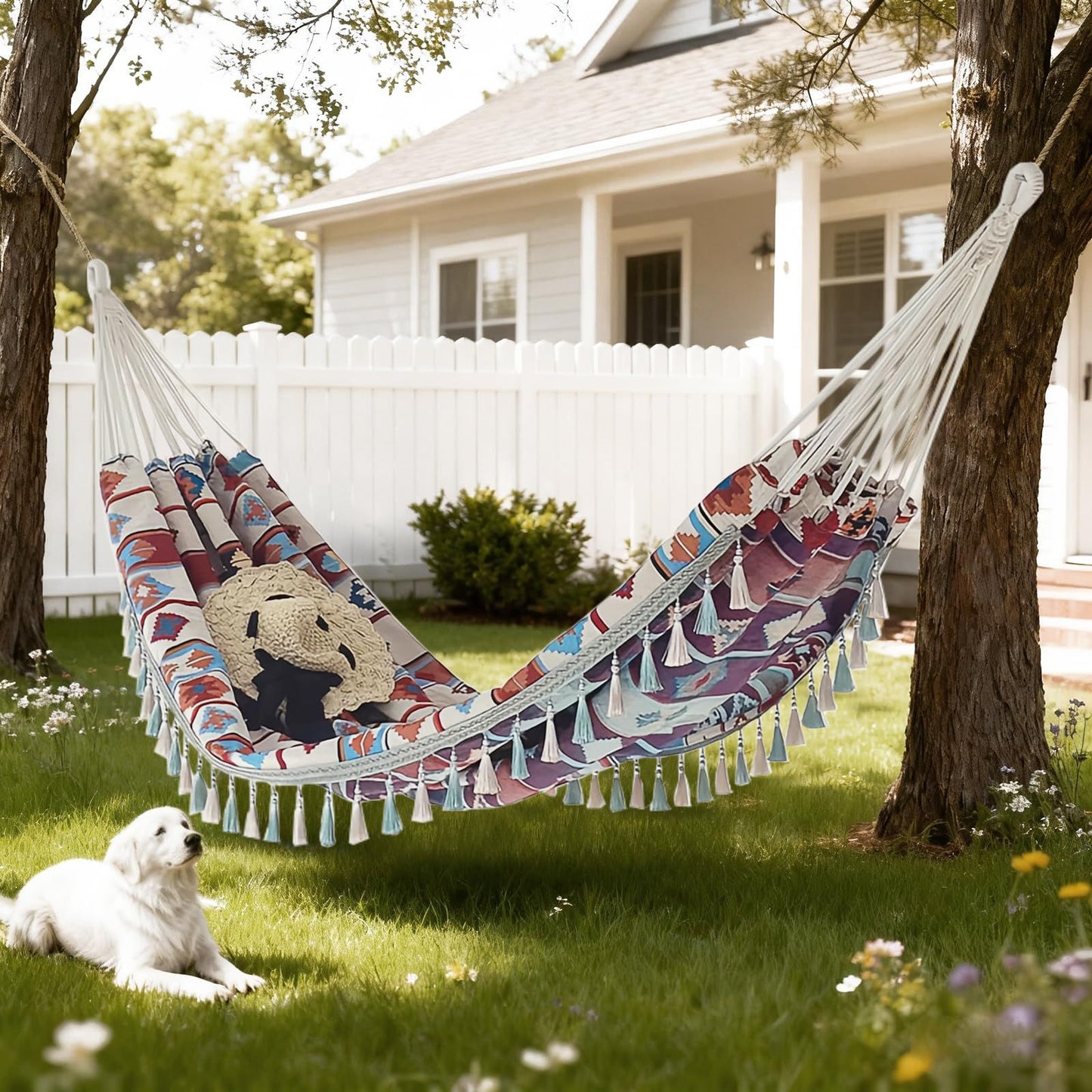 Backyard Hammock with Tassels,Garden Hammocks with Portable Carry,Bag Deluxe Fringe for Patio,Garden,Backyard,Beach,Outdoor and Indoor Porch Fabric