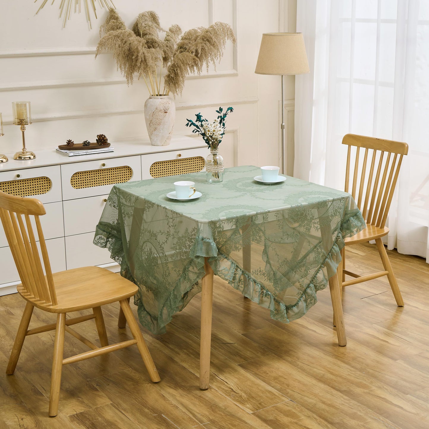 Green Floral Embroidered Lace Square Tablecloth 55”x55” Vintage Table Cover (Green, 55”x55”, Square)