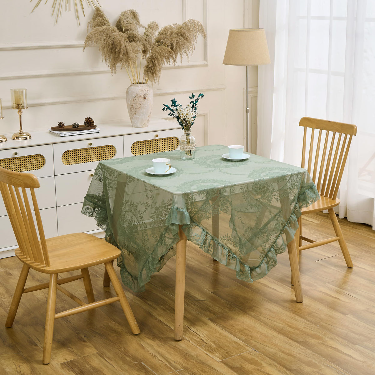 Green Floral Embroidered Lace Square Tablecloth 55”x55” Vintage Table Cover (Green, 55”x55”, Square)