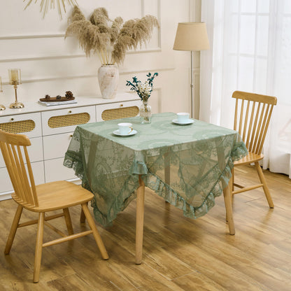 Green Floral Embroidered Lace Square Tablecloth 55”x55” Vintage Table Cover (Green, 55”x55”, Square)