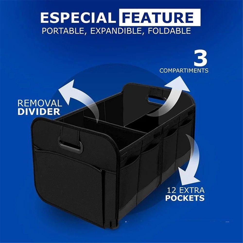Trunk Organizer For Car, Suv, Truck | Premium Adjustable Multi Compartments Collapsible Car Trunk Organizer (Large Size, Black)