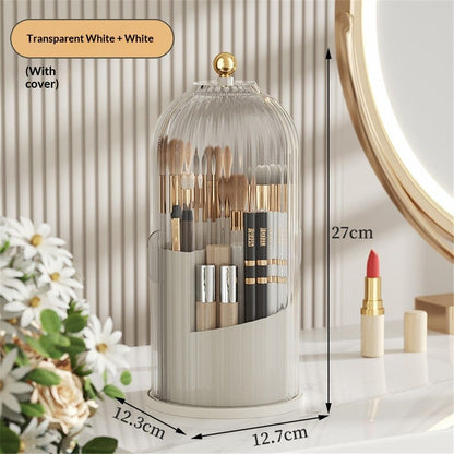 Makeup Brush Holder with Lid 360 Rotating Clear Dustproof Make Up Organizers for Vanity Bathroom Countertop, Transparent（Only storage box）