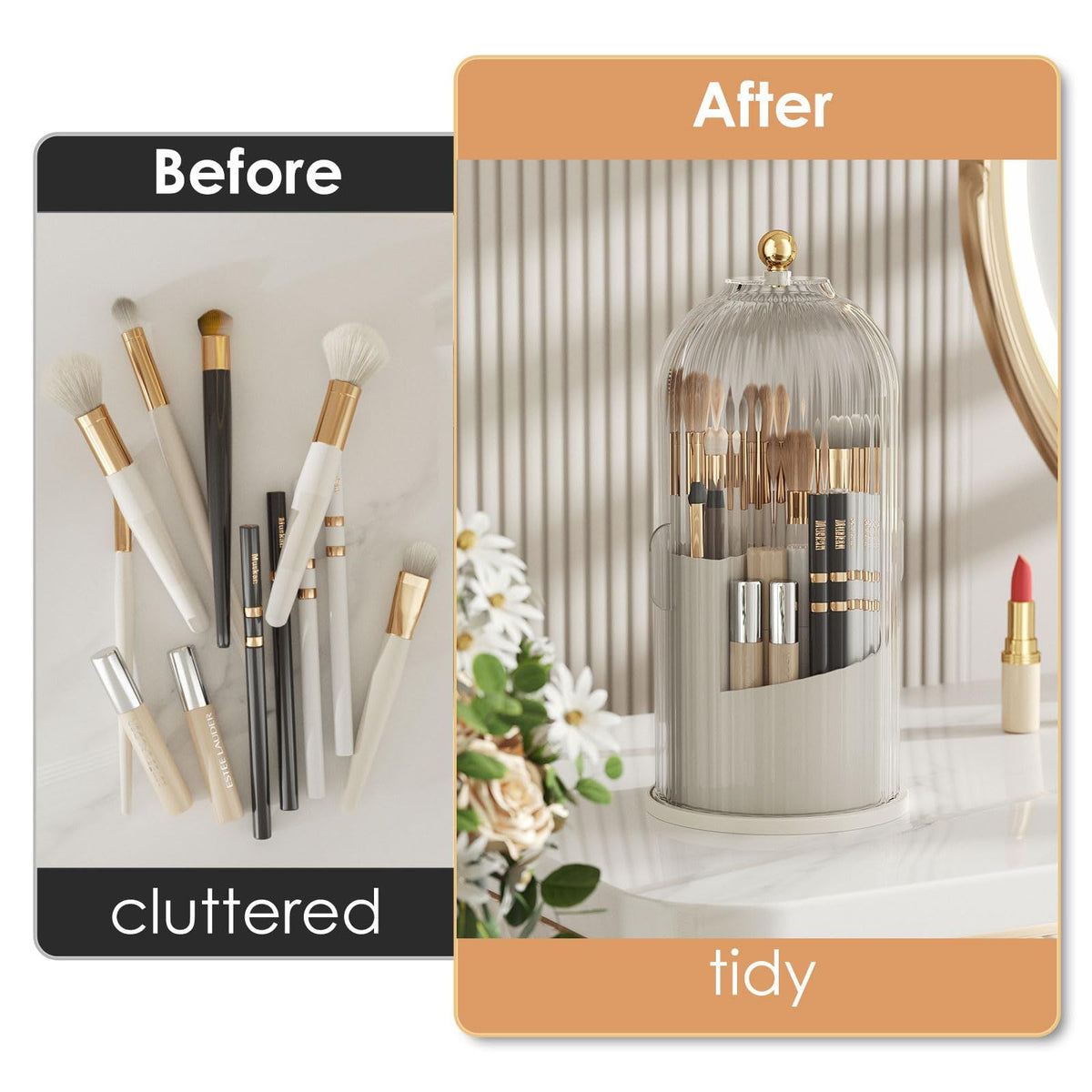 Makeup Brush Holder with Lid 360 Rotating Clear Dustproof Make Up Organizers for Vanity Bathroom Countertop, Transparent（Only storage box）