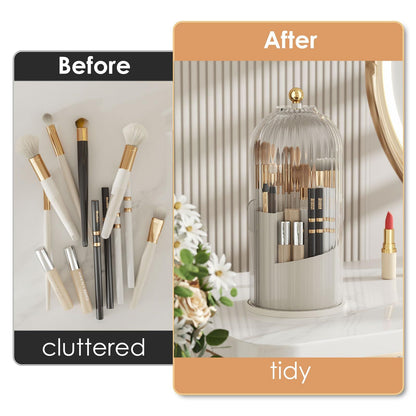 Makeup Brush Holder with Lid 360 Rotating Clear Dustproof Make Up Organizers for Vanity Bathroom Countertop, Transparent（Only storage box）