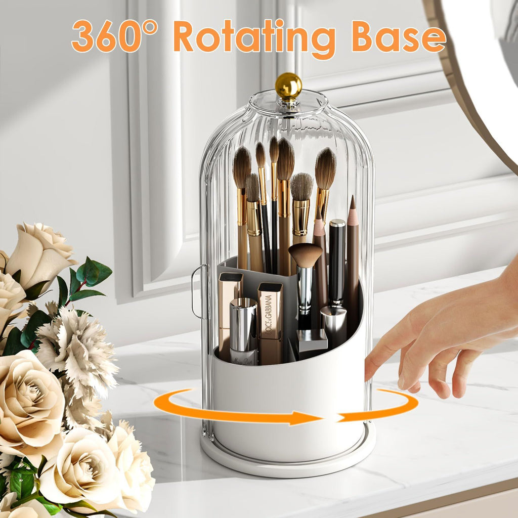 Makeup Brush Holder with Lid 360 Rotating Clear Dustproof Make Up Organizers for Vanity Bathroom Countertop, Transparent（Only storage box）