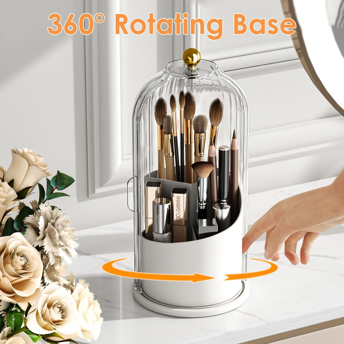 Makeup Brush Holder with Lid 360 Rotating Clear Dustproof Make Up Organizers for Vanity Bathroom Countertop, Transparent（Only storage box）