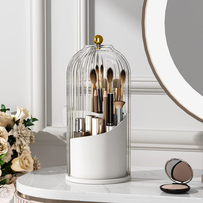 Makeup Brush Holder with Lid 360 Rotating Clear Dustproof Make Up Organizers for Vanity Bathroom Countertop, Transparent（Only storage box）