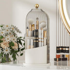 Makeup Brush Holder with Lid 360 Rotating Clear Dustproof Make Up Organizers for Vanity Bathroom Countertop, Transparent（Only storage box）