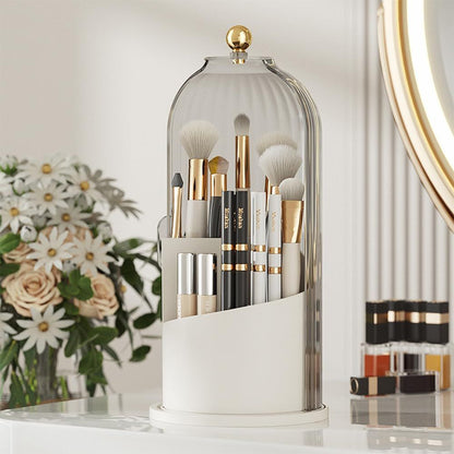 Makeup Brush Holder with Lid 360 Rotating Clear Dustproof Make Up Organizers for Vanity Bathroom Countertop, Transparent（Only storage box）