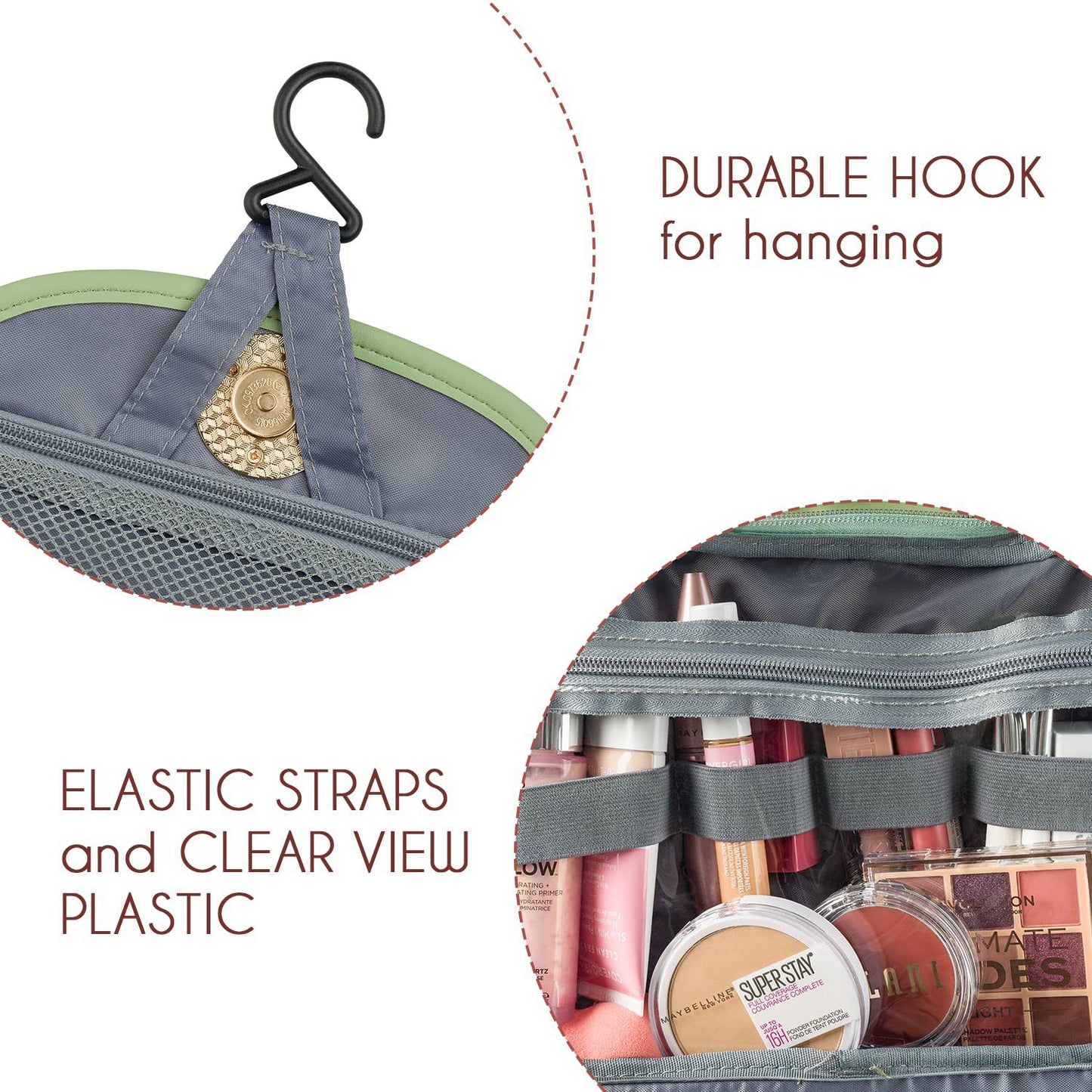 Toiletry Bag for Women, Travel Toiletry Bag Makeup Cosmetic Bag with Hanging Hook, Water-resistant for Toiletries Accessories Brushes Sponge