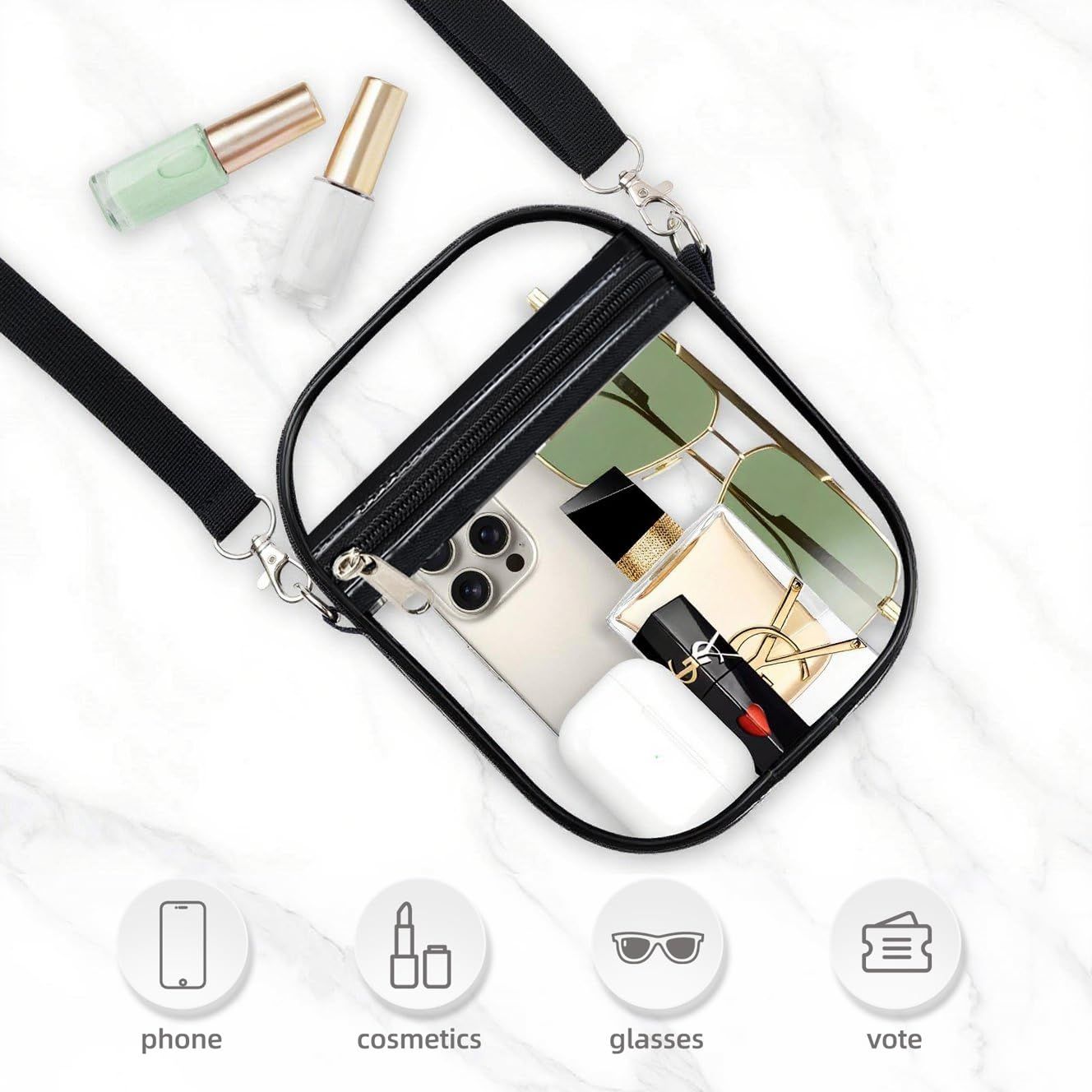 Clear Crossbody Purse Bag, Clear Bag Stadium with Front Pocket for Concerts Sports Festivals (Transparent )