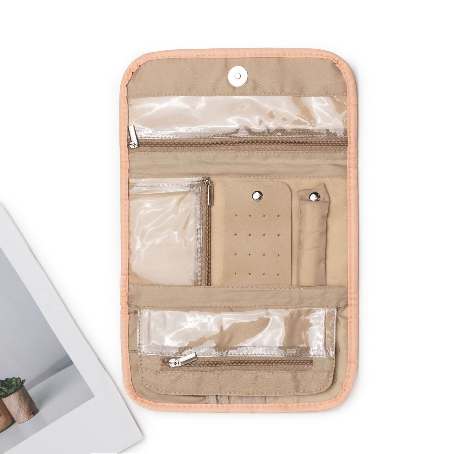 Travel Jewelry Case Organizer, Medium Foldable Storage Roll for Earrings, Necklaces, Rings, Bracelets, Brooches, pink（Excluding jewelry）