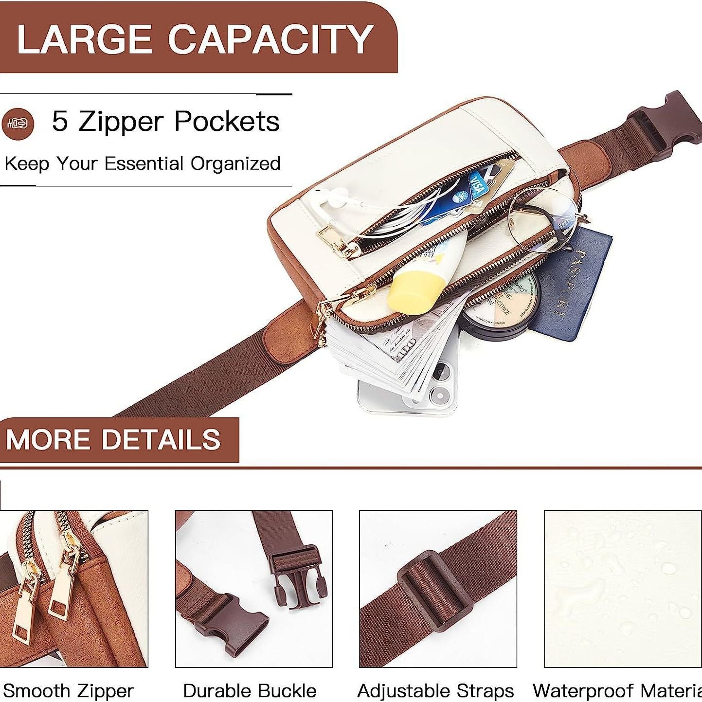 Packs for Women Cross Body Leather Belt Bag Fashionable with Adjustable Strap, Adjustable Strap Fashion Leather Waist Packs, Beige Brown