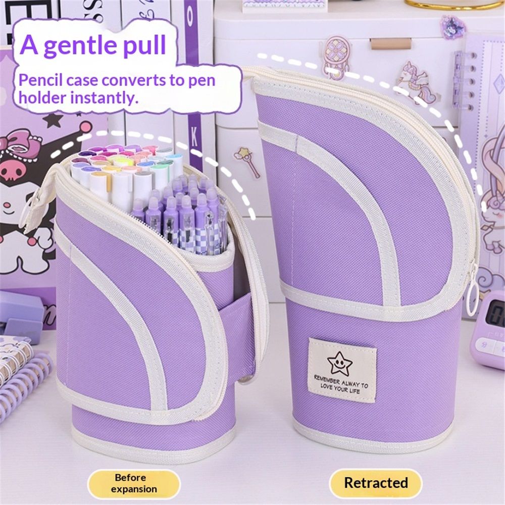 2 in 1 Standing Pencil Case Telescopic Pen Holder Stationery Pouch Organizer Box Large Storage Bag for Office Women (Purple,There is only one stationery bag)