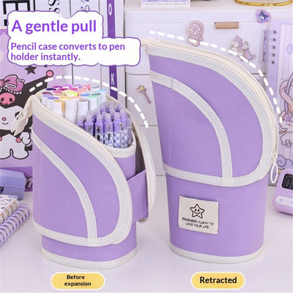 2 in 1 Standing Pencil Case Telescopic Pen Holder Stationery Pouch Organizer Box Large Storage Bag for Office Women (Purple,There is only one stationery bag)