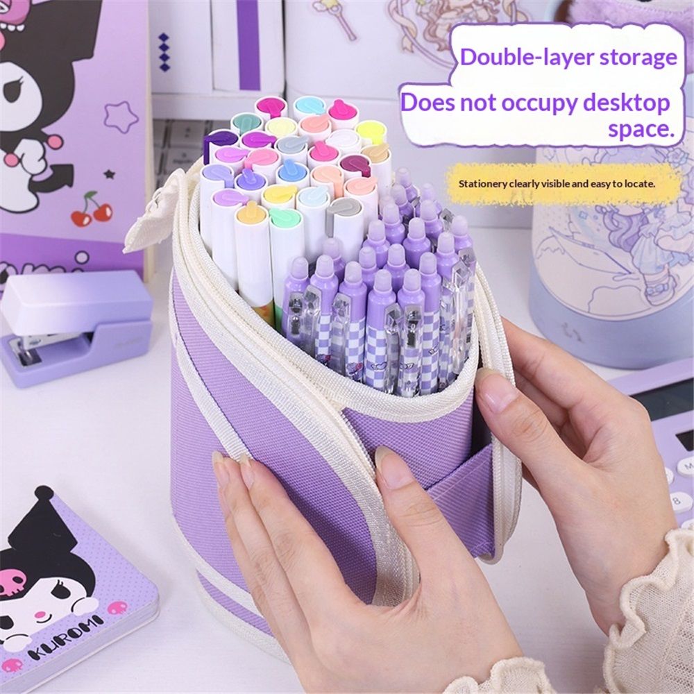 2 in 1 Standing Pencil Case Telescopic Pen Holder Stationery Pouch Organizer Box Large Storage Bag for Office Women (Purple,There is only one stationery bag)