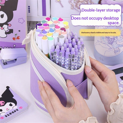 2 in 1 Standing Pencil Case Telescopic Pen Holder Stationery Pouch Organizer Box Large Storage Bag for Office Women (Purple,There is only one stationery bag)