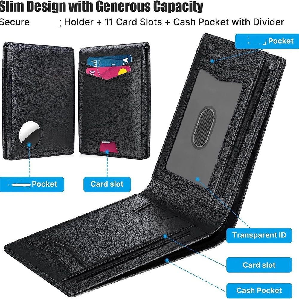 Mens Leather Wallet, Slim, RFID Blocking - Card Capacity | Bill Divider | ID Window (Black, only one bag）