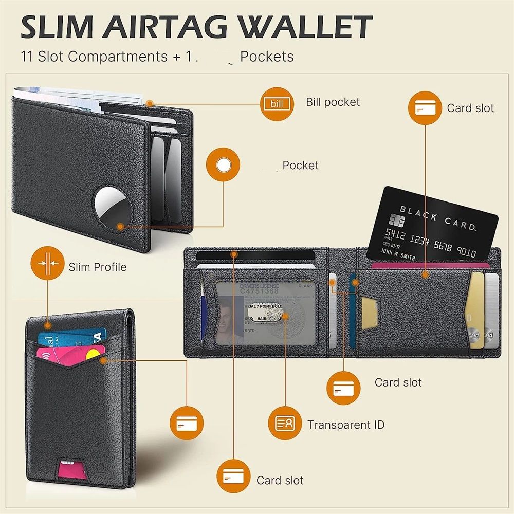 Mens Leather Wallet, Slim, RFID Blocking - Card Capacity | Bill Divider | ID Window (Black, only one bag）