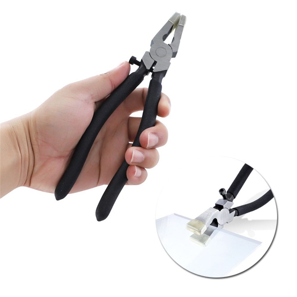 Glass Running Pliers With Curved Jaws - Professional Glass Breaking Tool for Stained Work, Key Fob Hardware Install, Mosaics - Black With 2 of Rubber Tips 8-Inch