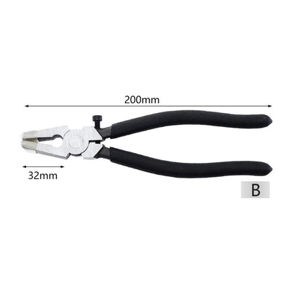 Glass Running Pliers With Curved Jaws - Professional Glass Breaking Tool for Stained Work, Key Fob Hardware Install, Mosaics - Black With 2 of Rubber Tips 8-Inch