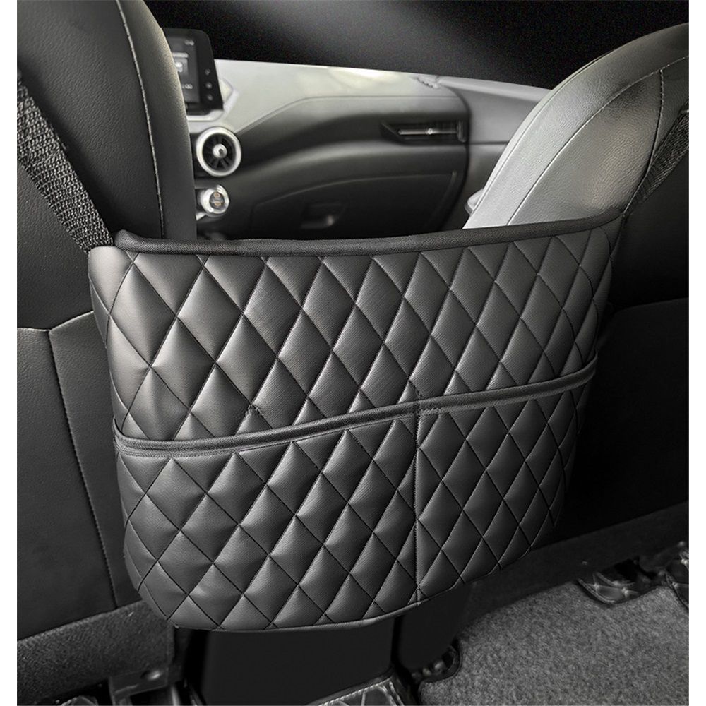 Car Net Pocket Handbag Holder Between Seats, Luxury Quilted Purse Car Organizer With 2 Extra Pockets For Storage, Black