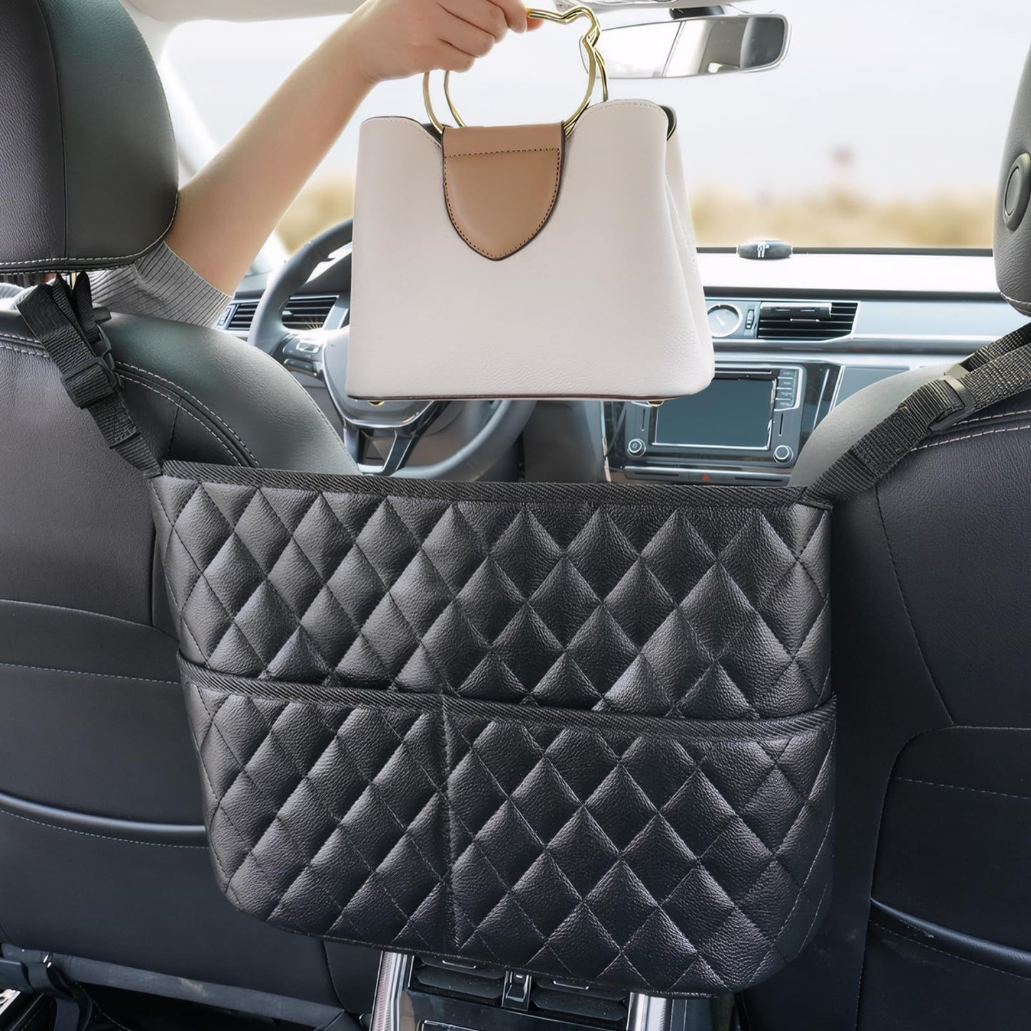 Car Net Pocket Handbag Holder Between Seats, Luxury Quilted Purse Car Organizer With 2 Extra Pockets For Storage, Black