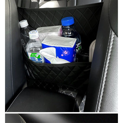 Car Net Pocket Handbag Holder Between Seats, Luxury Quilted Purse Car Organizer With 2 Extra Pockets For Storage, Black