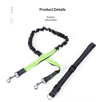 Hands-Free Waist Leash for Dog Walking, Running and Hiking, Adjustable Belt with Double Handle, Reflective Bungee Design for Large & Medium Dogs (Green 2.5cm *70-120cm)