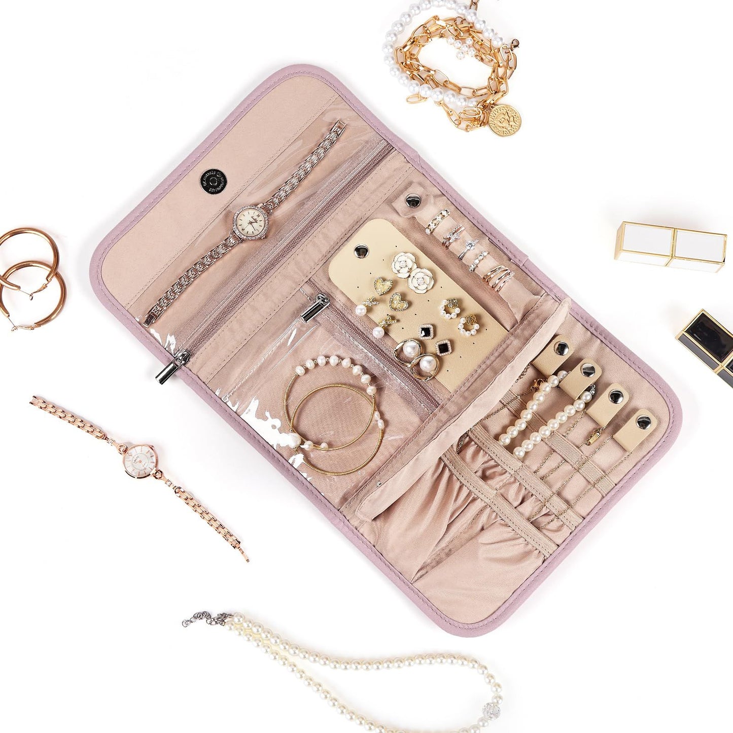 Travel Jewelry Case Organizer, Foldable Storage Roll for Earrings, Necklaces, Rings, Bracelets, Brooches,  Pink 33.5 * 22CM（Only storage bag）
