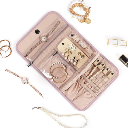 Travel Jewelry Case Organizer, Foldable Storage Roll for Earrings, Necklaces, Rings, Bracelets, Brooches,  Pink 33.5 * 22CM（Only storage bag）