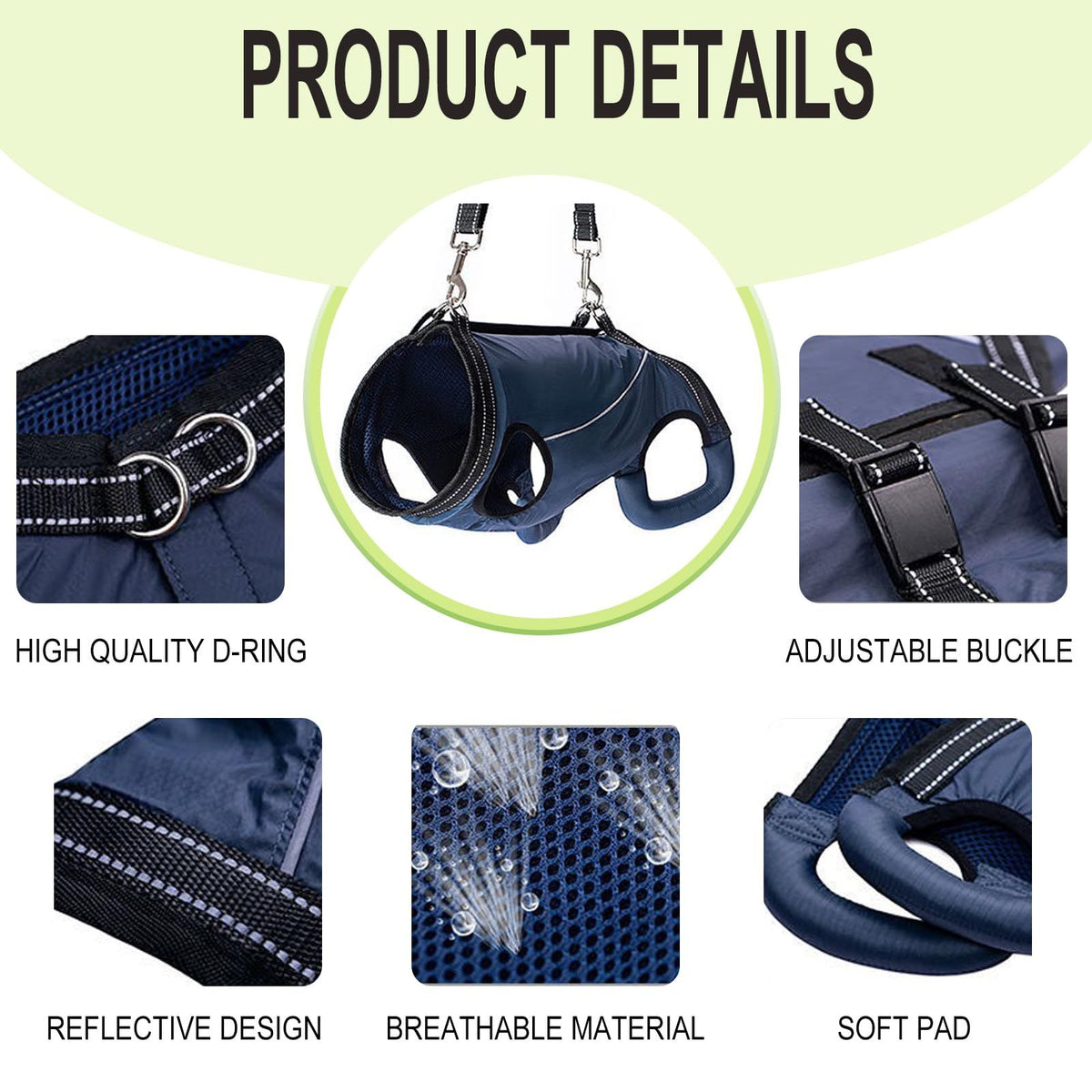 Back Legs with Handles,Adjustable Dog Lift Sling Carrier for Senior, Disabled, Joint Injuries, Arthritis, Loss of Stability Dogs（Navy blue M）