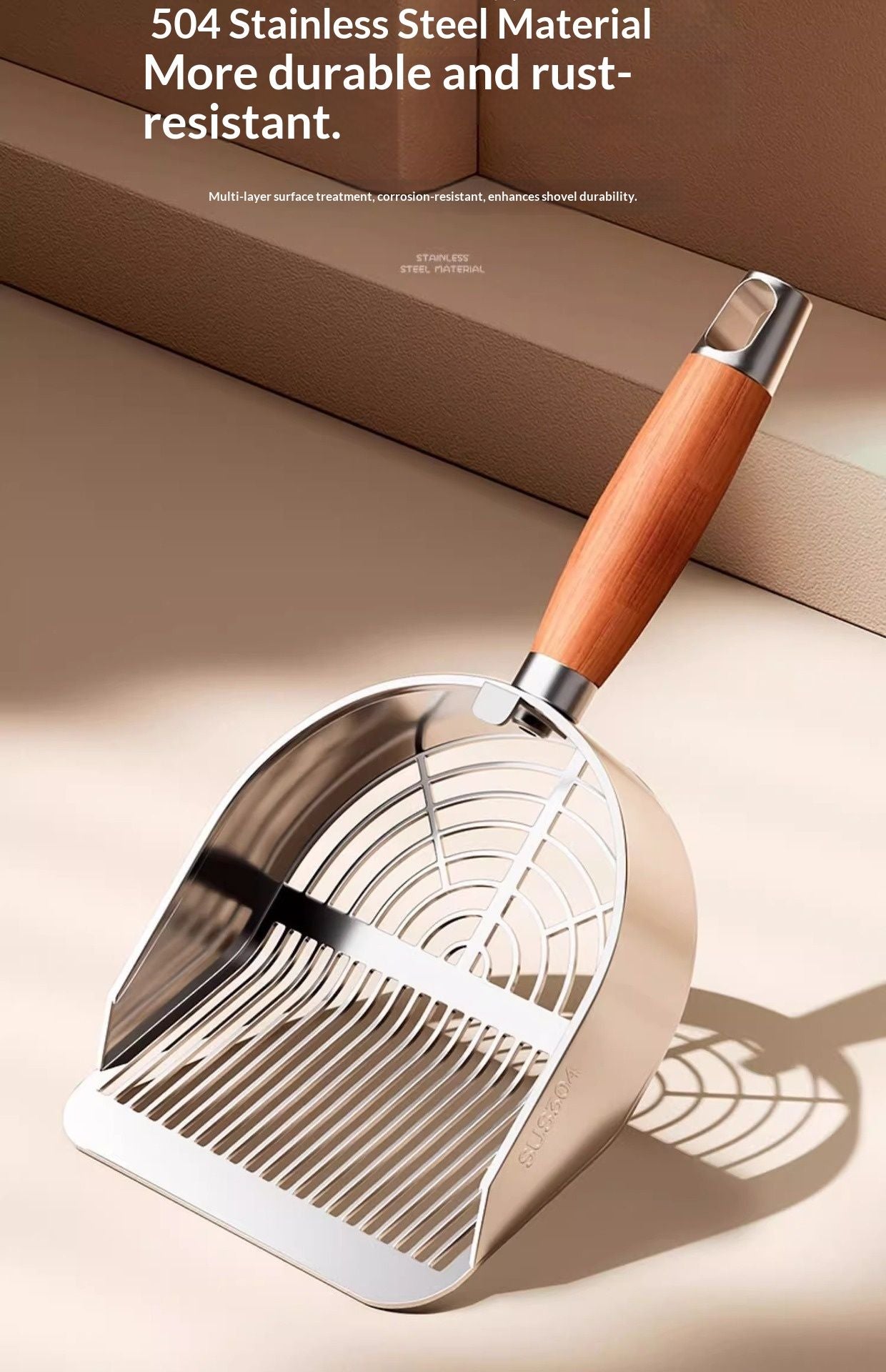 Stainless Steel Metal Cat Litter Scoop - Durable, Anti-Break Handle  for Cat Litter Box Strip Holes Easy Cleaning（Original color ）Long shovel