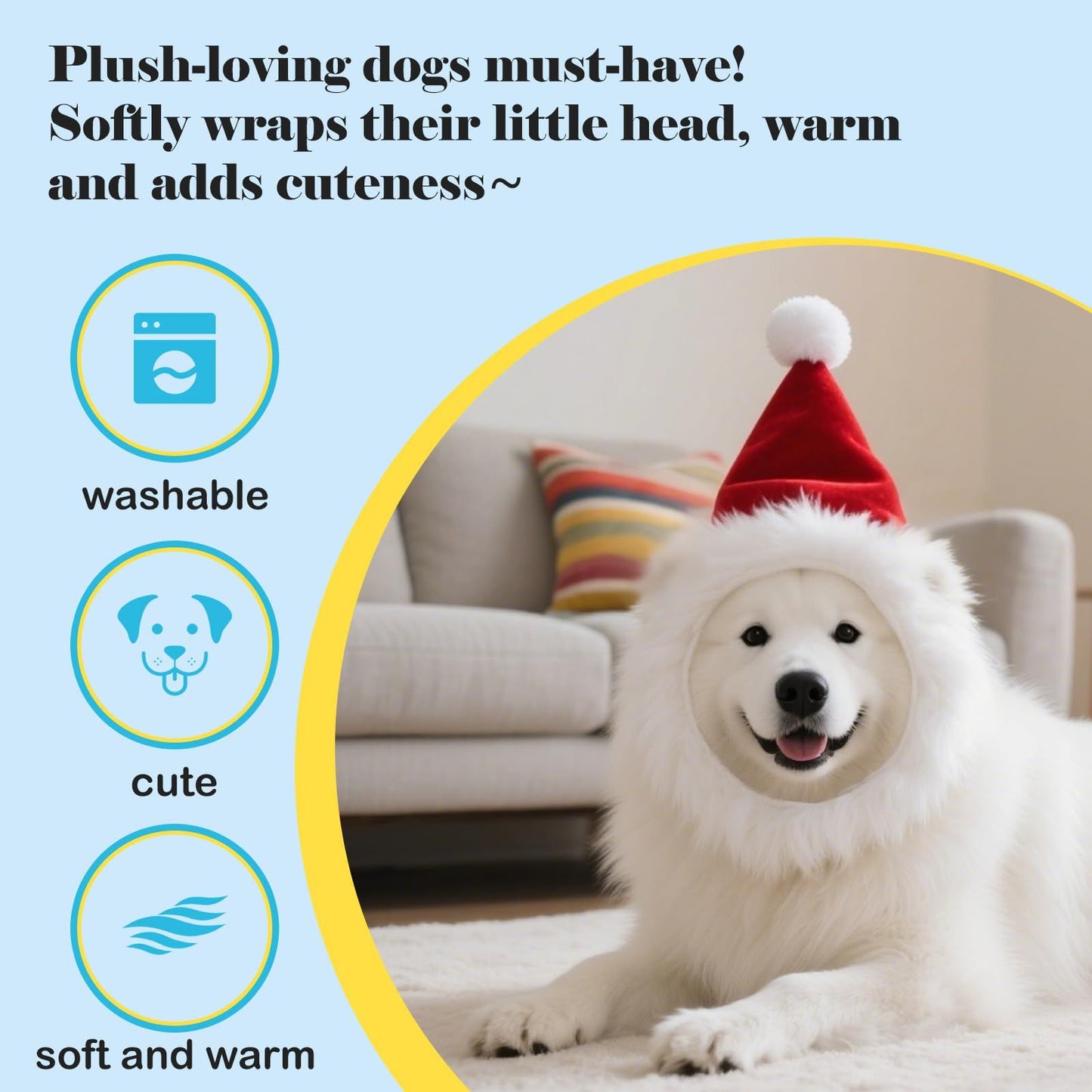 Christmas Dog Santa Costume, Adjustable Red Santa Hat with White Beard Wig, Christmas Costumes for Small Medium Large Dogs (White, M)