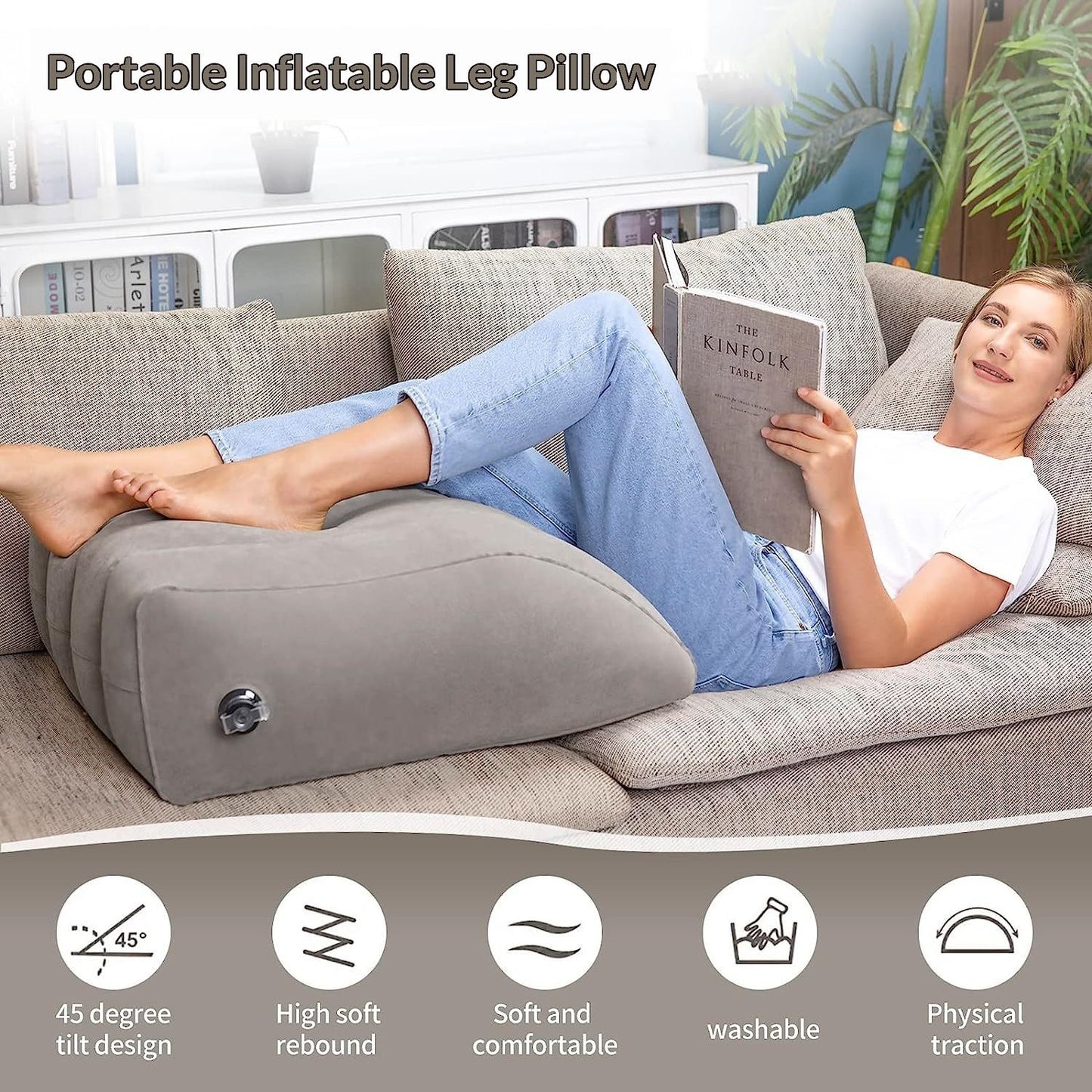 Inflatable Leg Elevation Pillow, Wedge Pillow for Sleeping, Portable Wedge Pillow, Improve Circulataion and Reduce Swelling, for Sleeping, Recovery, Pregnant (Grey+Grey storage bag)