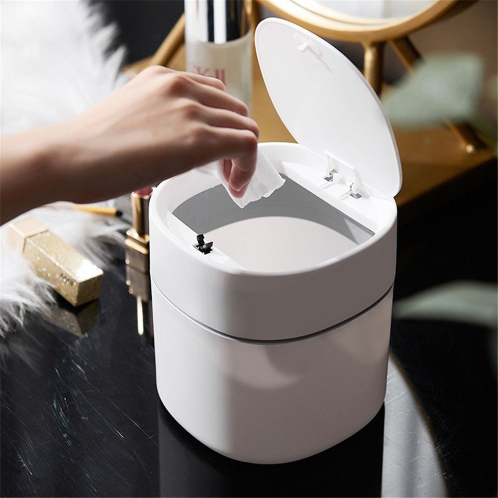 Mini Desk Trash Can with Lid,  Press-Top Tiny Countertop Waste Basket Small Table Top Plastic Covered Garbage Bin for Desk Top