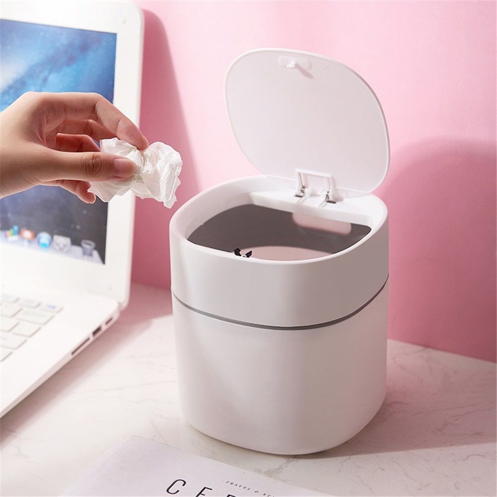 Mini Desk Trash Can with Lid,  Press-Top Tiny Countertop Waste Basket Small Table Top Plastic Covered Garbage Bin for Desk Top