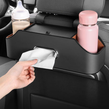 New car headrest Rear seat Multifunctional Storage Box, partition Design, with Cup Holder, Tissue Box, headrest Hook, Suitable for Children and Adults, car Travel Accessories (Black)