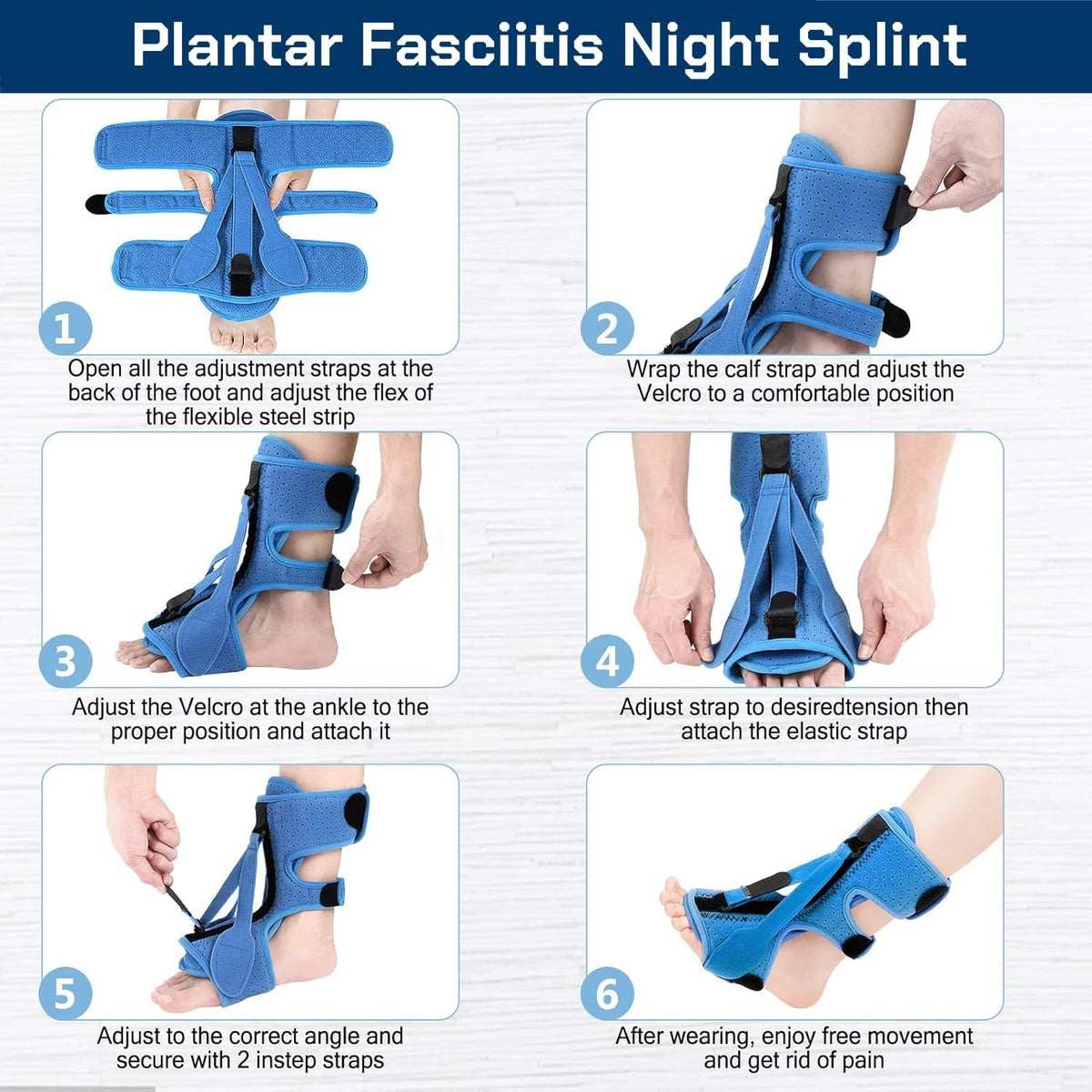 1 pcs Adjustable Night Splint for Plantar Fasciitis Relief – Foot Brace for Heel Pain, Achilles Tendinitis, and Planter Facetious – Comfortable Night Support for Women and Men (Blue)