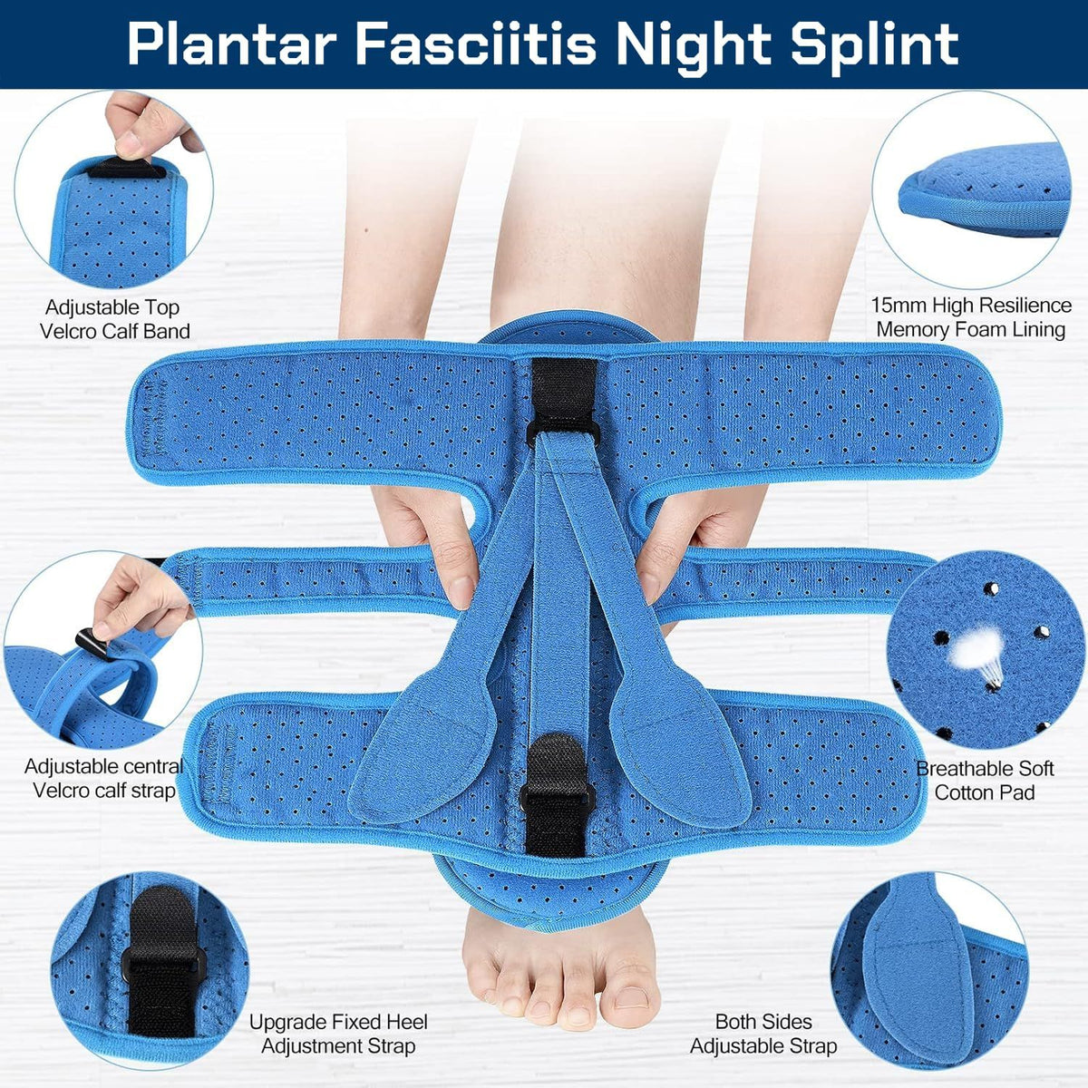 1 pcs Adjustable Night Splint for Plantar Fasciitis Relief – Foot Brace for Heel Pain, Achilles Tendinitis, and Planter Facetious – Comfortable Night Support for Women and Men (Blue)